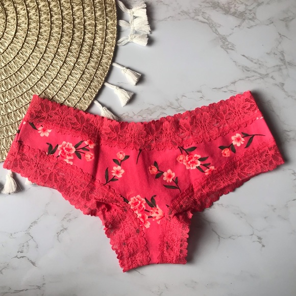 Victoria’s Secret PINK Lace Trim Cheekster Panty Coral Pink Dafodils NEW - Picture 2 of 6